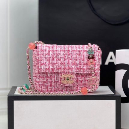Tweed Mini Heart Square Flap Pink White Bag