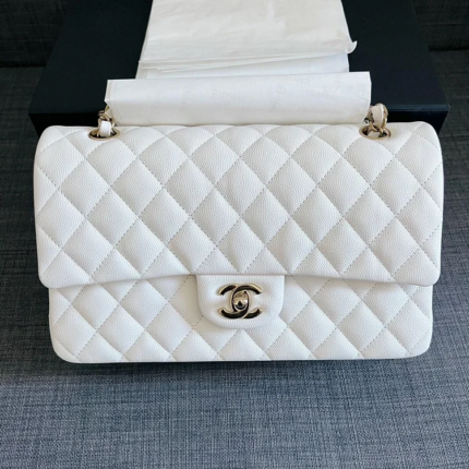 Cc CF 25 white caviar leather silver chain