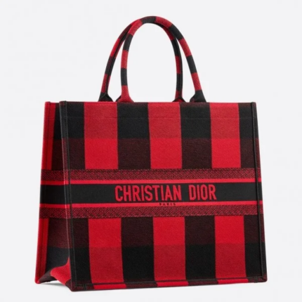 D Book Tote Bag Check Embroidered Canvas